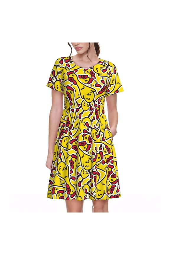 Chicken Cartoon Pattern Women's Short Sleeve Summer Dress Pleated Loose Swing Knee Length Short Sleeve Swing Dresses