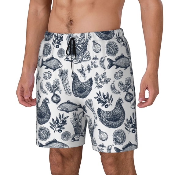 Picia Chicken And Fish pattern Mens Swim Trunks with Compression Liner Stretch Beach Shorts Quick Dry with Zipper Pockets No-Chafing Board Shorts-X-Large