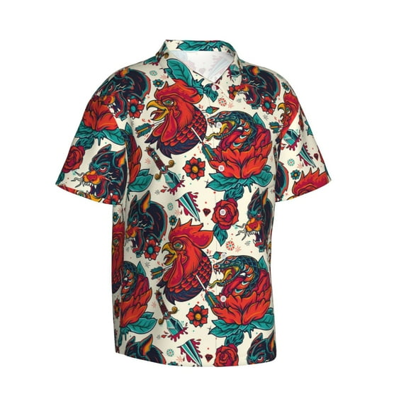 Picia Chicken Gentle Cotton Regular Fit Short Sleeve Casual Hawaiian Shirt for Men-Large