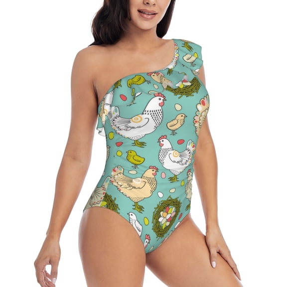Picia Chicken Laying Eggs Pattern Women's One Piece Swimsuits,One Shoulder Swimwear Asymmetric ,Ruffle Monokinis Bathing Suits,High Waisted Flattering Bathing Suits-Large