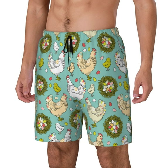 Picia Chicken Laying Eggs pattern Mens Swim Trunks with Compression Liner Stretch Beach Shorts Quick Dry with Zipper Pockets No-Chafing Board Shorts-3X-Large