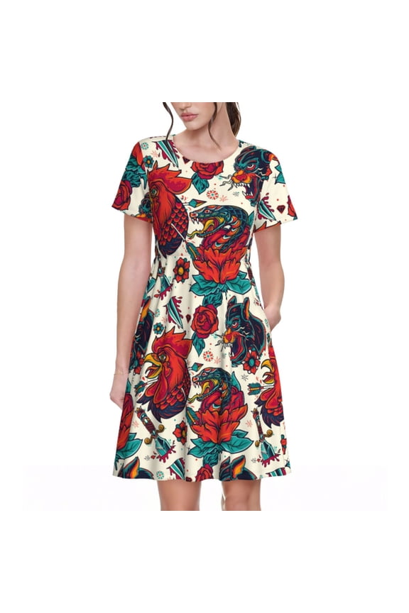 Chicken Pattern Women's Short Sleeve Summer Dress Pleated Loose Swing Knee Length Short Sleeve Swing Dresses