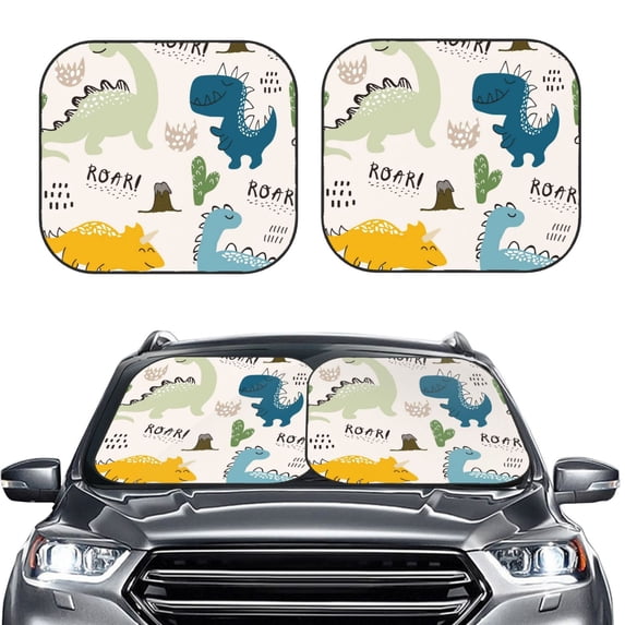 Picia Childish Dinosaur 2 Piece Car Windshield Sun Shade Foldable | Foldable Sun Shield for Front Window Blocks UV Rays and Keeps Your Vehicle Cool-Medium