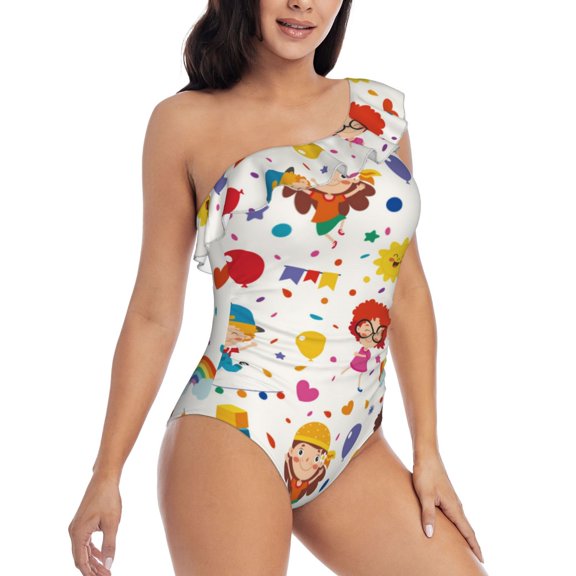 Picia Childrens Party Pattern Women's One Piece Swimsuits,One Shoulder Swimwear Asymmetric ,Ruffle Monokinis Bathing Suits,High Waisted Flattering Bathing Suits-Medium