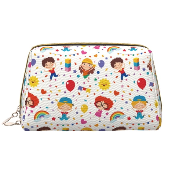 Picia Childrens Party Print Leather Makeup Bag Make Up Bag Travel Toiletry Bag for Her Girlfriend Teacher Teen Girl Gifts