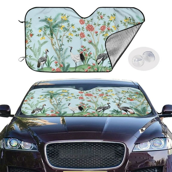 Picia Chinoiserie Floral Palm Tree Curved Windshield Sunshade Accordion Folding Style Auto Shade for Car Truck SUV Van Blocks UV Ray Sun Visor Protector -Small