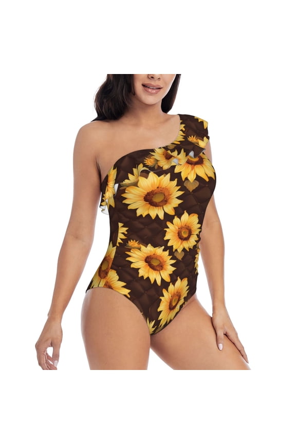 Chocolate Plaid Sunflower A Pattern Women's One Piece Swimsuits,One Shoulder Swimwear Asymmetric ,Ruffle Monokinis Bathing Suits,High Waisted Flattering Bathing Suits-Medium