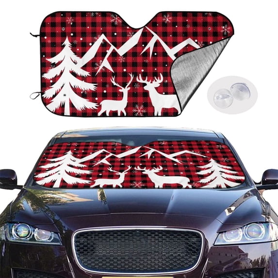 Picia Christmas Buffalo Plaid Curved Windshield Sunshade Accordion Folding Style Auto Shade for Car Truck SUV Van Blocks UV Ray Sun Visor Protector -Medium