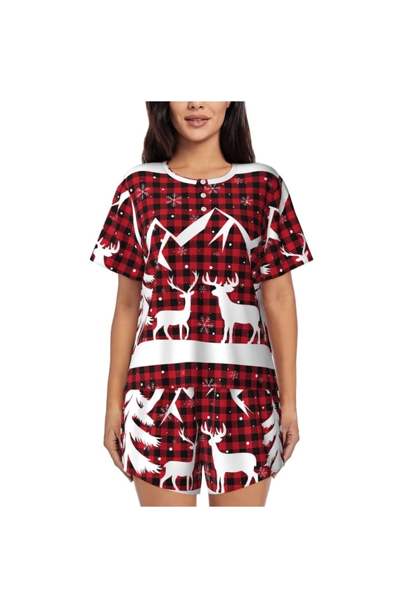 Christmas Buffalo Plaid Pajamas Sets for Women Soft Short-Sleeved Pjs with Lounge Shorts Two Piece Sleepwear-Large