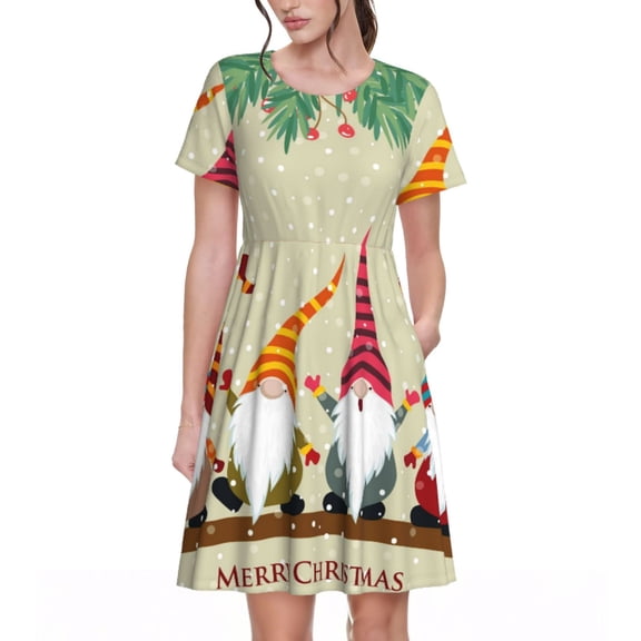 Picia Christmas Card With Gnomes Pattern Women's Short Sleeve Summer Dress Pleated Loose Swing Knee Length Short Sleeve Swing Dresses