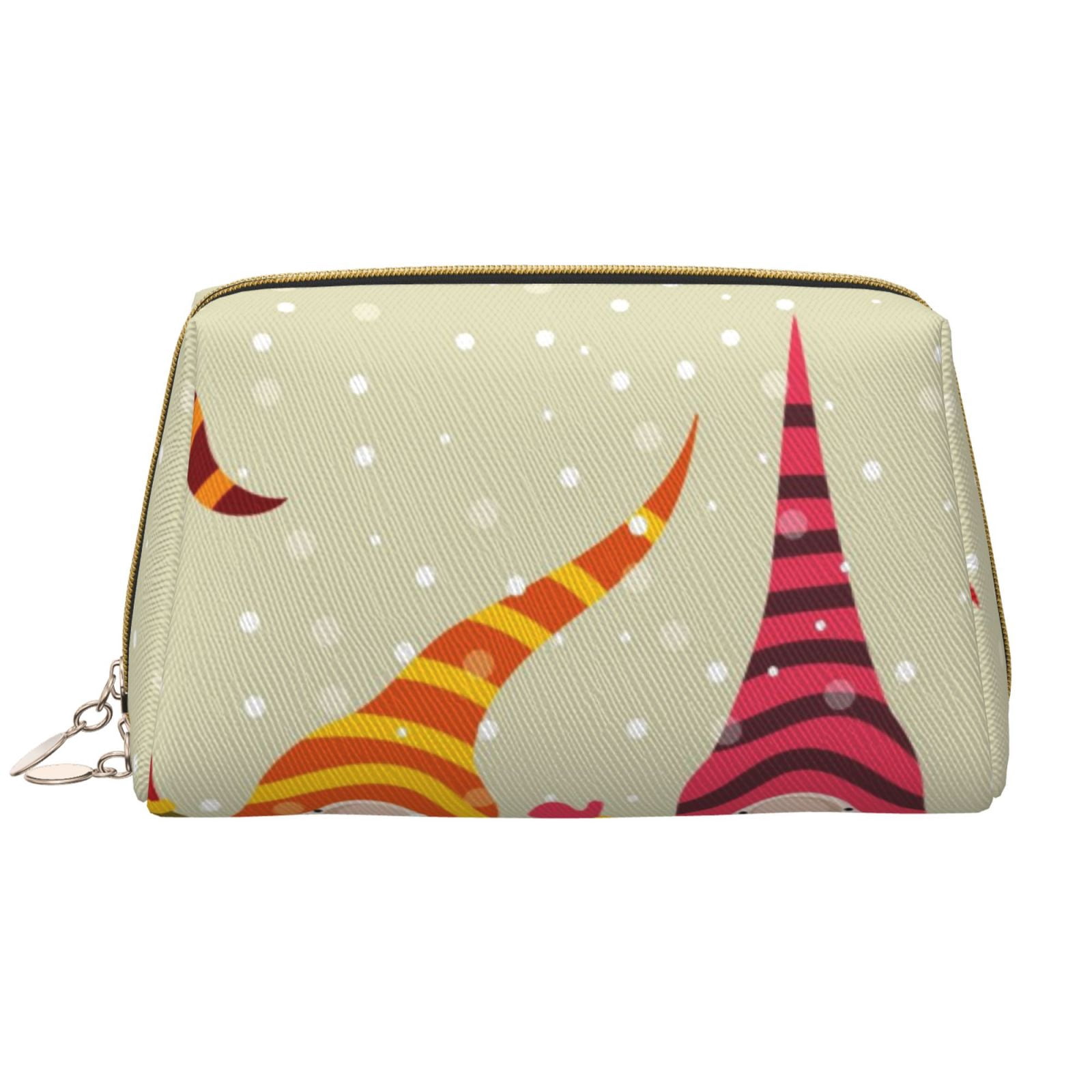 Picia Christmas Card With Gnomes Print Leather Makeup Bag Make Up Bag Travel Toiletry Bag for Her Girlfriend Teacher Teen Girl Gifts