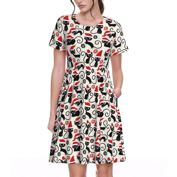 Picia Christmas Cat Pattern Women's Short Sleeve Summer Dress Pleated Loose Swing Knee Length Short Sleeve Swing Dresses