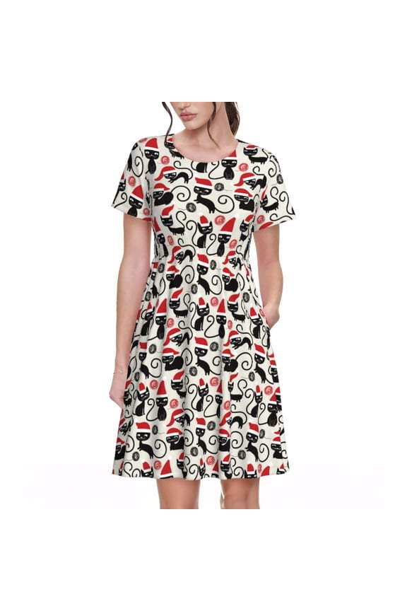 Christmas Cat Pattern Women's Short Sleeve Summer Dress Pleated Loose Swing Knee Length Short Sleeve Swing Dresses