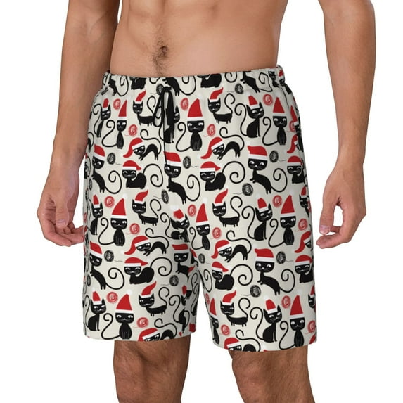 Picia Christmas Cat pattern Mens Swim Trunks with Compression Liner Stretch Beach Shorts Quick Dry with Zipper Pockets No-Chafing Board Shorts-