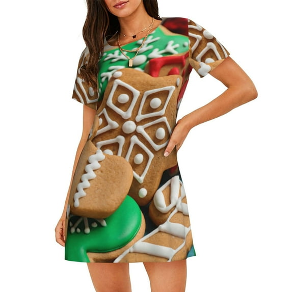Picia Christmas Cookies Pattern Women’s Nightdress – Casual Short-sleeved Loose-Fit Sleepwear, Soft Cotton Short-Sleeve Sleep Shirt for Relaxation & Comfort