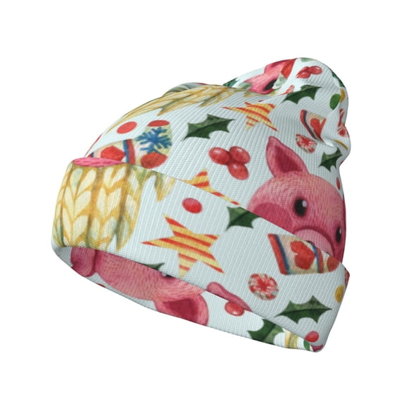 Picia Christmas Cute Pigs Pattern Knitted Beanie Hat for Men and Women , Unisex Winter Warm Stretchy Knit Cap Thick Fisherman Beanies Cuffed Plain Skull Caps