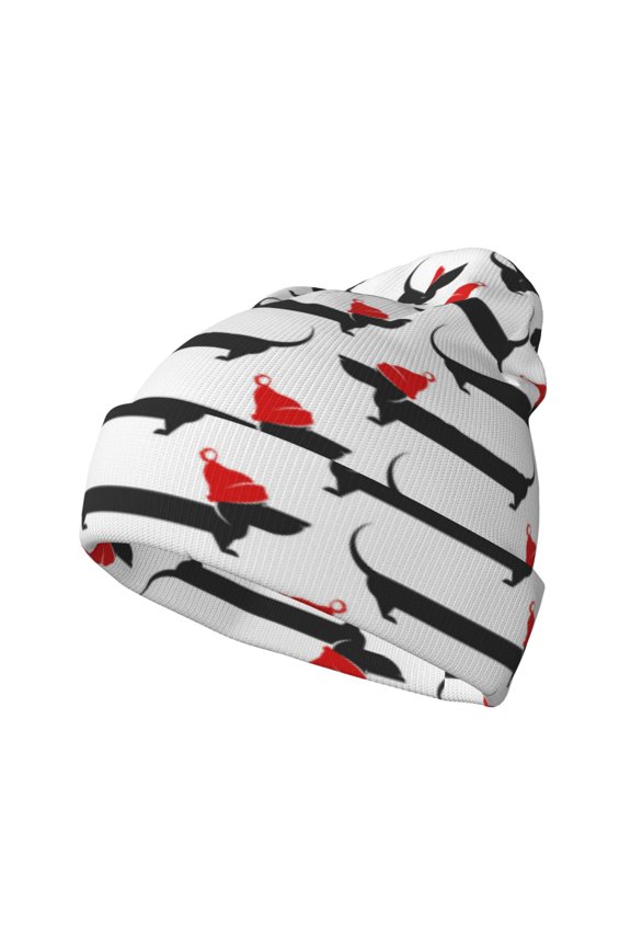 Christmas Dachshund Pattern Knitted Beanie Hat for Men and Women , Unisex Winter Warm Stretchy Knit Cap Thick Fisherman Beanies Cuffed Plain Skull Caps