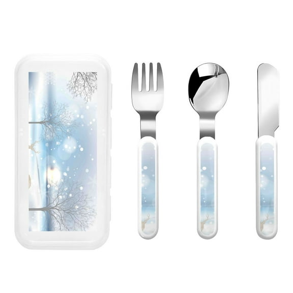 Picia Christmas Deer Print Children's Knife, Fork And Spoon Set - Kids Knife Fork Spoon - Stainless Steel Kids Silverware Set - Metal Kids Cutlery Set