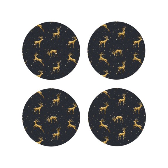 Picia Christmas Deers Printed Leather Coasters for Drinks, 4" Drink Coasters Set of 4 for Tabletop Protection, Handmade Luxurious Home Décor and Housewarming Gift -Round Shape