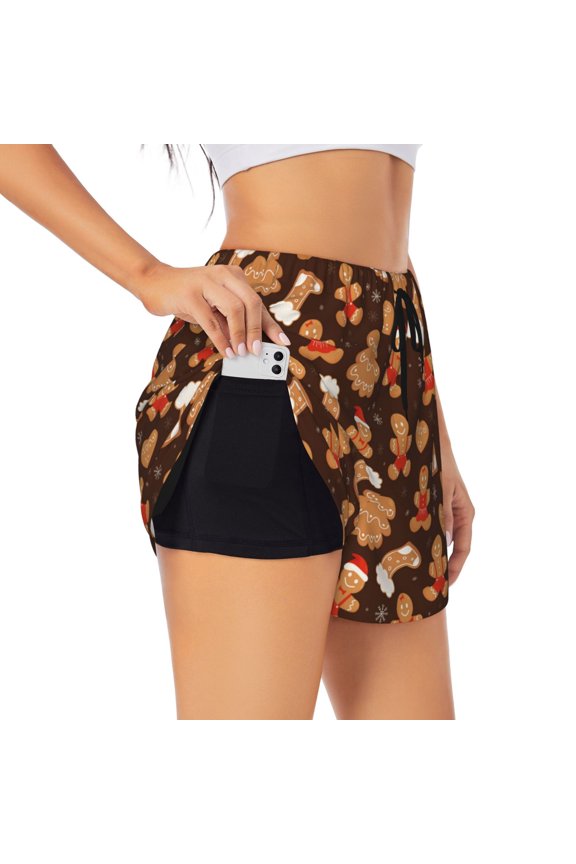 Christmas Gingerbread Cookies Pattern Women's 2 in 1 Athletic Running Shorts High Waisted Workout Casual Gym Sweat Shorts with Comfy Liner Zipper Pockets-Medium