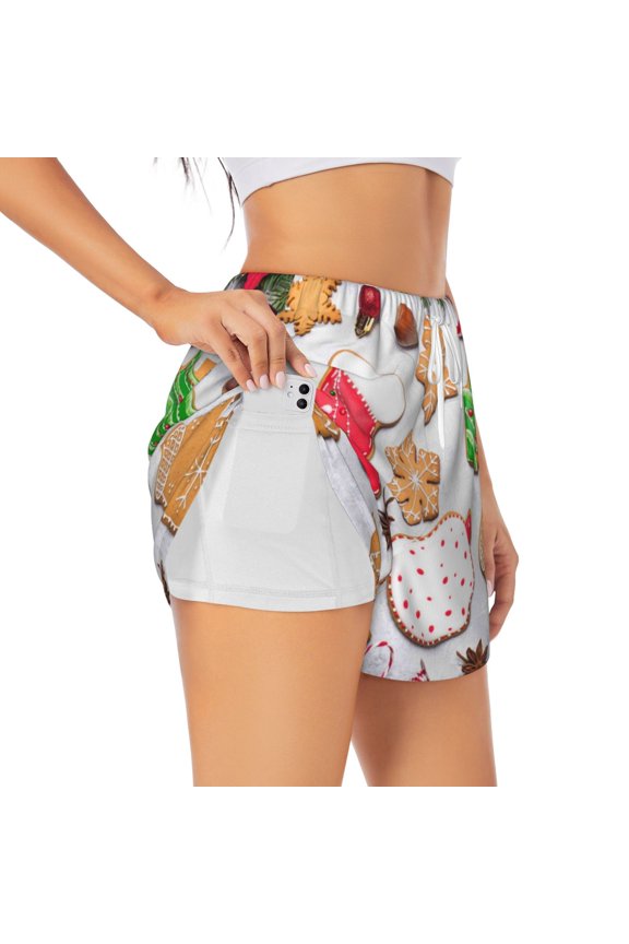 Christmas Gingerbread Cookies Pattern Women's 2 in 1 Athletic Running Shorts High Waisted Workout Casual Gym Sweat Shorts with Comfy Liner Zipper Pockets-Small