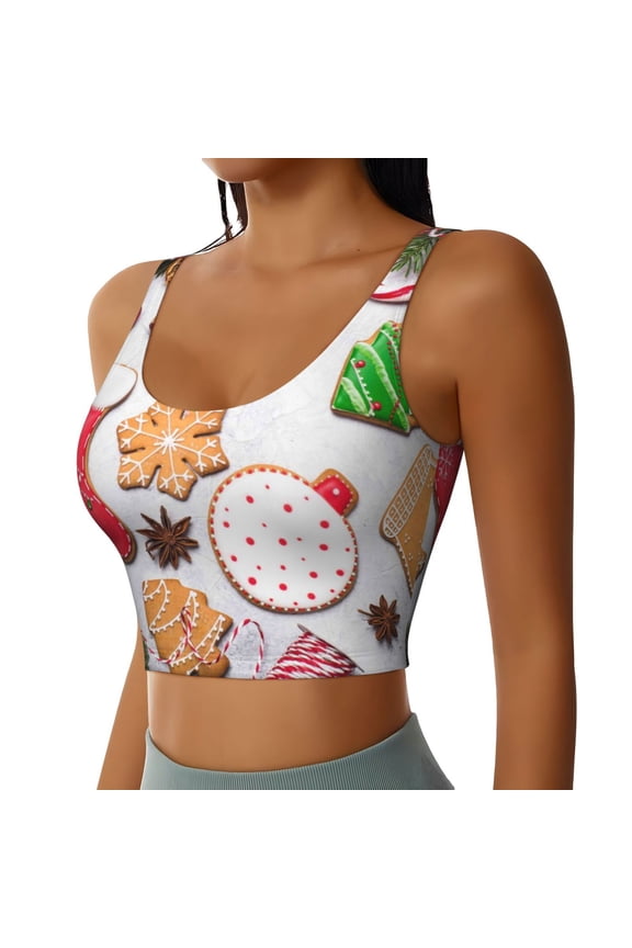 Christmas Gingerbread Cookies Sports Bra for Women,Padded Strappy Sports Bras Medium Support Yoga Bra with Removable Cups,Running Yoga Bra-