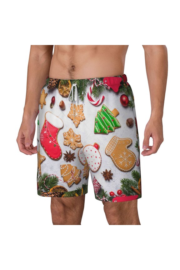 Christmas Gingerbread Cookies pattern Mens Swim Trunks with Compression Liner Stretch Beach Shorts Quick Dry with Zipper Pockets No-Chafing Board Shorts-Small