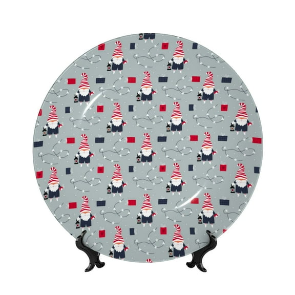 Picia Christmas Gnome 1 Pattern Bone China Decorative Plate – Wall Decor with Stand and Adhesive, Elegant Ornament for Living Room, Office, or Entryway-8in