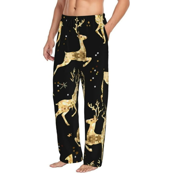 Picia Christmas Gold Deers Mens Soft Woven Cotton Elastic Waistband Sleep Pajama Pant Lounge Sleep Pant With Pockets And Drawstring-Small