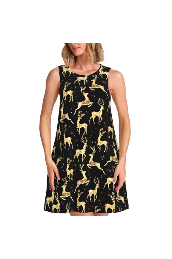 Christmas Gold Deers Print Women’s Sleeveless Midi Swing Dress – A-Line Pleated Tank Sundress, Comfortable and Flowy T-Shirt Dress