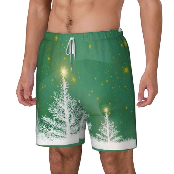 Picia Christmas Green pattern Mens Swim Trunks with Compression Liner Stretch Beach Shorts Quick Dry with Zipper Pockets No-Chafing Board Shorts-X-Large