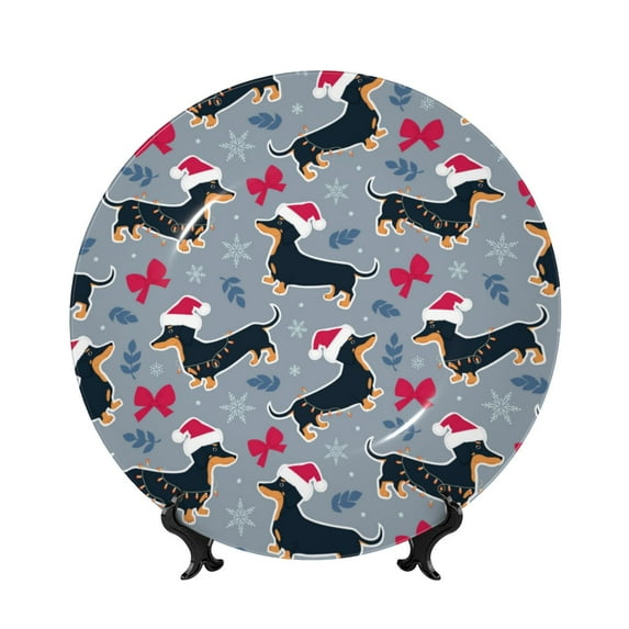 Picia Christmas Hat Dachshund Pattern Bone China Decorative Plate – Wall Decor with Stand and Adhesive, Elegant Ornament for Living Room, Office, or Entryway-7in