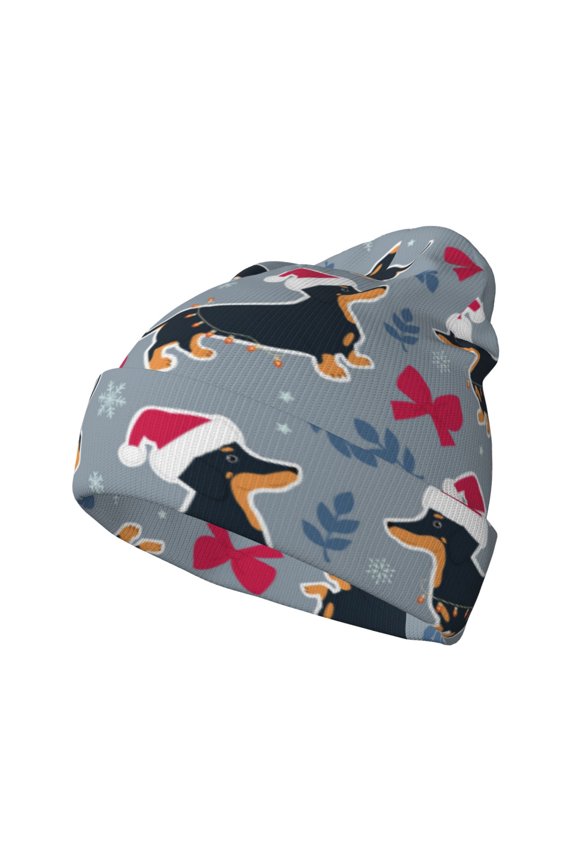 Christmas Hat Dachshund Pattern Knitted Beanie Hat for Men and Women , Unisex Winter Warm Stretchy Knit Cap Thick Fisherman Beanies Cuffed Plain Skull Caps