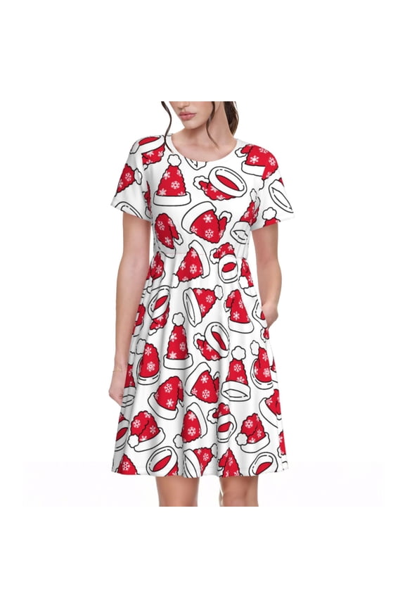 Christmas Hat Pattern Women's Short Sleeve Summer Dress Pleated Loose Swing Knee Length Short Sleeve Swing Dresses