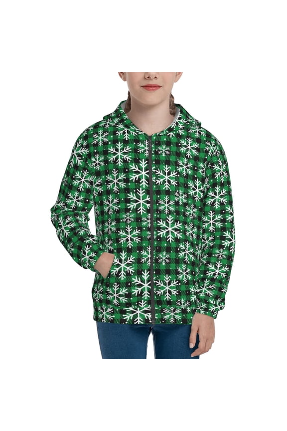 Christmas Pattern At Buffalo Plaid for Boys Fashion Full-zip Hoodies & Sweatshirts with Kangaroo Pocket,Zip-up Hooded Sweatshirt for Kid, Moisture Wicking & Breathable-Small