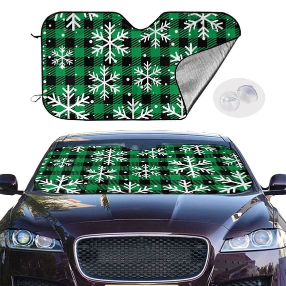 Picia Christmas Pattern At Buffalo Plaid Curved Windshield Sunshade Accordion Folding Style Auto Shade for Car Truck SUV Van Blocks UV Ray Sun Visor Protector -