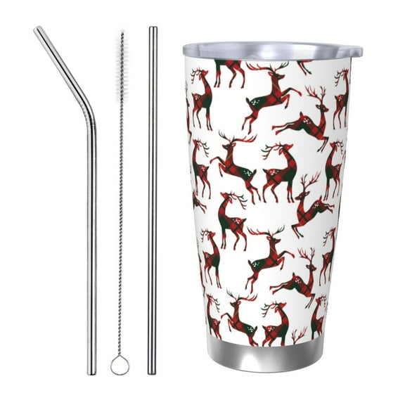 Picia Christmas Plaid Moose Pattern 20 oz Tumbler Stainless Steel Vacuum Insulated Coffee Ice Cup Double Wall Travel Flask Dual Lid Water Bottle, Eco-friendly Car Cup-Straw Three-piece Set