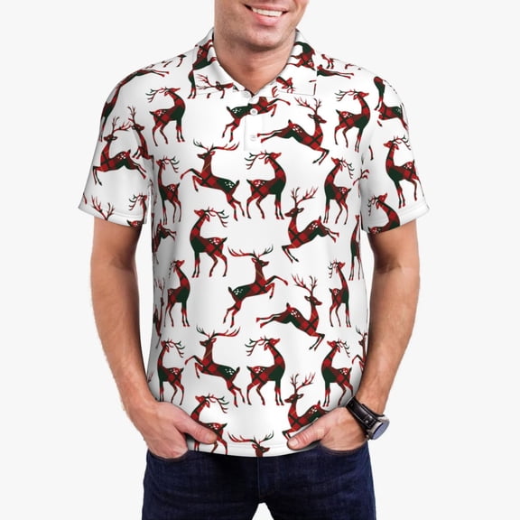 Picia Christmas Plaid Moose Print Men's Polo Shirt, Two-Button Closure Pique Polo Shirt, Summer Fashion Golf Shirt-X-Large