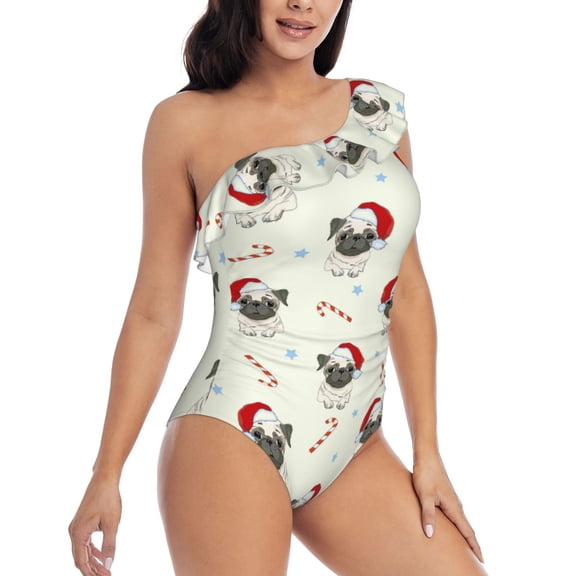 Picia Christmas Pug Dog Pattern Women's One Piece Swimsuits,One Shoulder Swimwear Asymmetric ,Ruffle Monokinis Bathing Suits,High Waisted Flattering Bathing Suits-