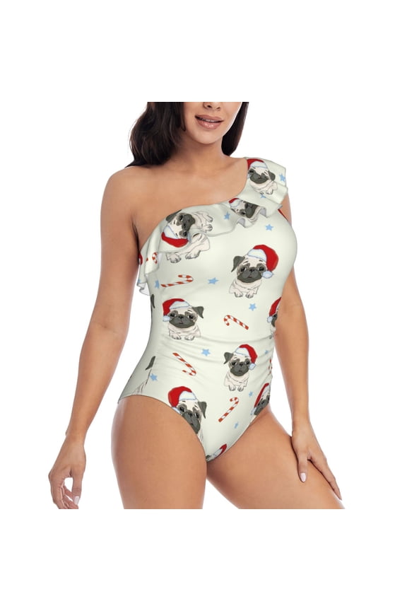 Christmas Pug Dog Pattern Women's One Piece Swimsuits,One Shoulder Swimwear Asymmetric ,Ruffle Monokinis Bathing Suits,High Waisted Flattering Bathing Suits-