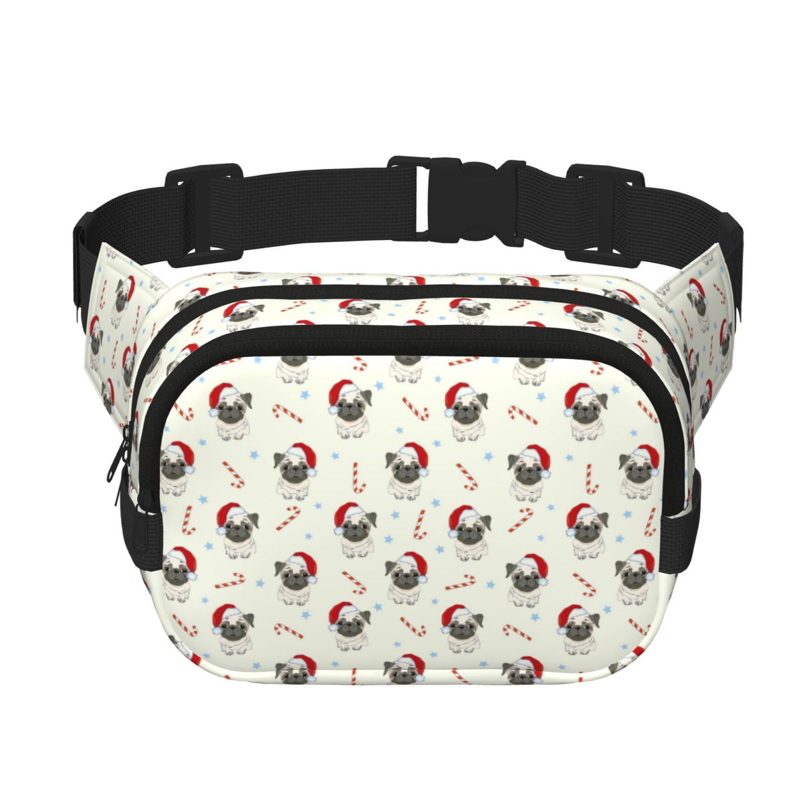 Picia Christmas Pug Dog Print Square Double-Layer Waist Bag Mini Adjustable Waist Belt Bag Exercise Running Travel Hiking