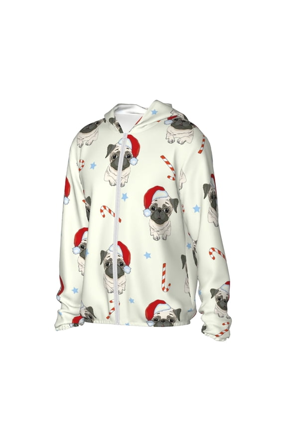 Christmas Pug Dog Women's Men's UPF 50+ Sun Protection Hoodie Shirt Long Sleeve SPF Fishing Outdoor UV Hiking Lightweight Shirts-Small
