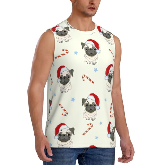 Picia Christmas Pug Dog mens Cotton Tank Undershirts , Moisture-wicking Ribbed Tanks, Lightweight Cotton Tank Undershirts-X-Large