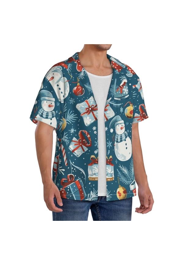 Christmas Snowman Gift Men's Linen Shirts Short Sleeve Cuban Beach Shirts Casual Shirts Button Down Shirt for Men Beach Summer Wedding Shirt-Medium