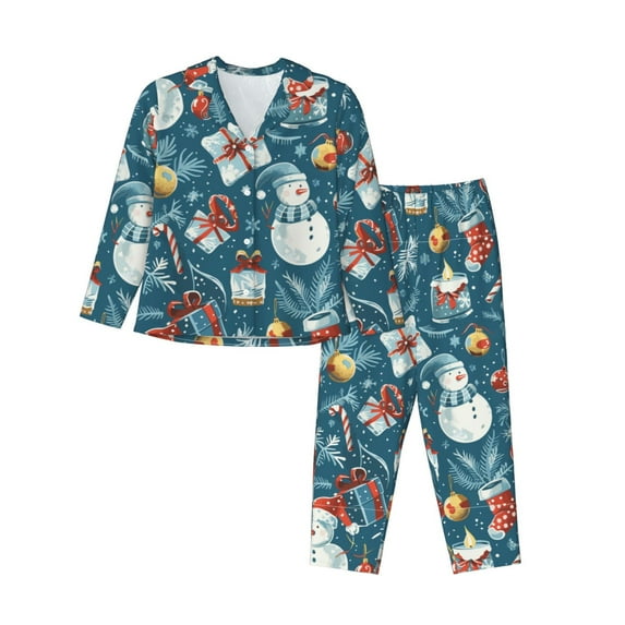 Picia Christmas Snowman Gift Pattern Women’s Long-Sleeve Sleepwear Set - Soft 2-Piece Loungewear with Pockets, Comfy PJs for Relaxing Nights-Large
