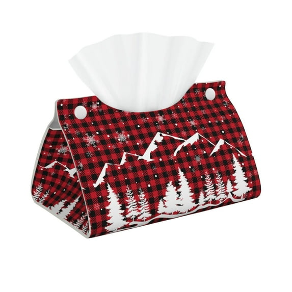 Picia Christmas Tree Buffalo Plaid Pattern Long Tissue Box Cover,PVC Leather Triangle Holder,Tissue Box Holder with Magnetic Bottom,Facial Paper Organizer Dispenser-7.9"X4.9"X4.5"