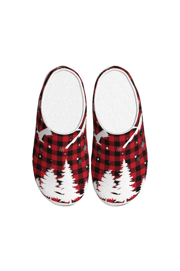 Christmas Tree Buffalo Plaid for Women's Lamb-hug Comfy Fleece House Slippers Memory Foam, Slip-on House Shoes Indoor Outdoor-35/36