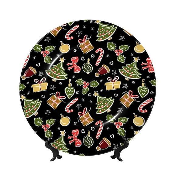Picia Christmas Tree Decoration Pattern Bone China Decorative Plate – Wall Decor with Stand and Adhesive, Elegant Ornament for Living Room, Office, or Entryway-6in
