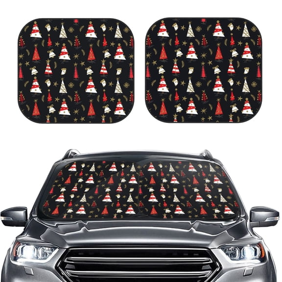 Picia Christmas Tree and Gold Socks 2 Piece Car Windshield Sun Shade Foldable | Foldable Sun Shield for Front Window Blocks UV Rays and Keeps Your Vehicle Cool-Large