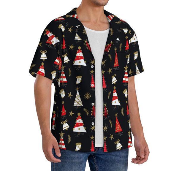 Picia Christmas Tree and Gold Socks Men's Linen Shirts Short Sleeve Cuban Beach Shirts Casual Shirts Button Down Shirt for Men Beach Summer Wedding Shirt-Small